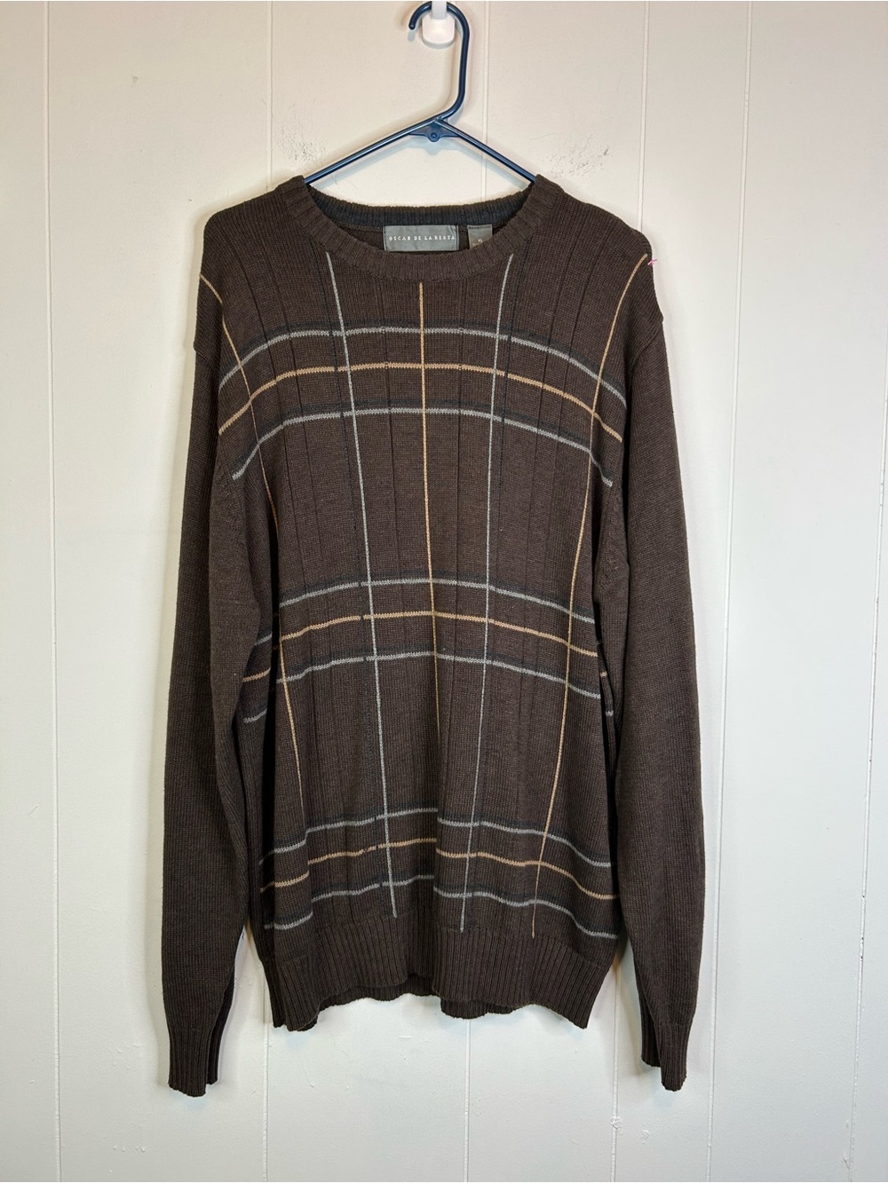 Oscar De La Renta Pullover Sweater Cotton Crewneck Mens Size XL Brown 343